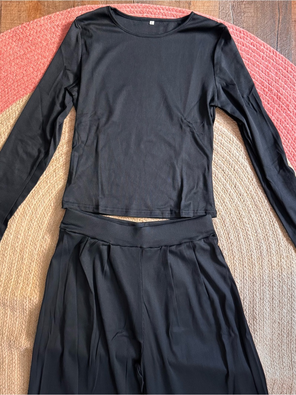 Black Two-Piece Long Sleeve Top and Wide Leg Pants Set